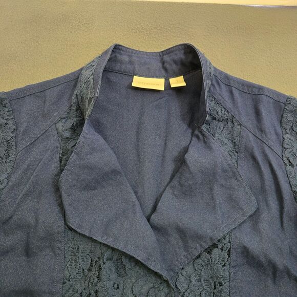 Chico's Women 1 US M Dark Blue Silver Zip Lace Moto Notched Collared Open Blazer - Picture 3 of 12